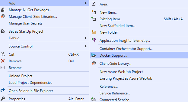 Visual Studio context menu for adding Docker Support screenshot