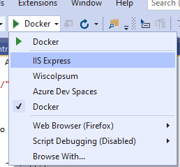 Visual Studio select debugging environment screenshot