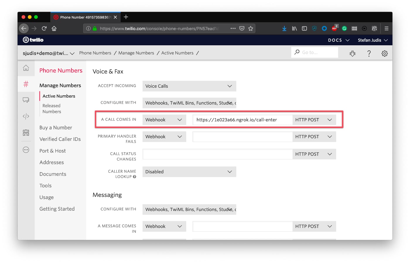 Number configuration to call local function when I call comes in