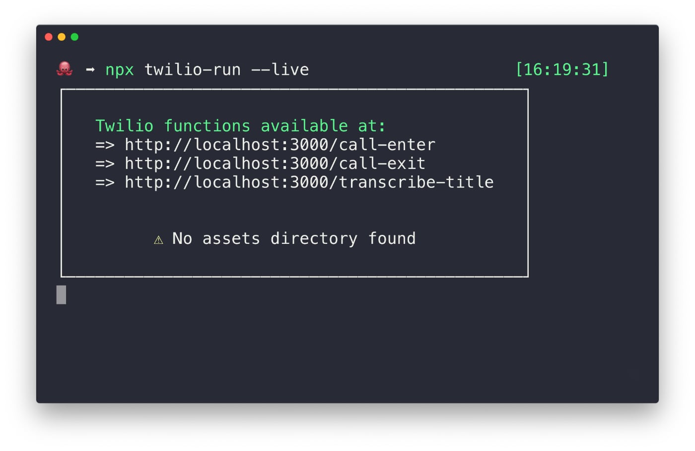 Terminal showing the local functions endpoints