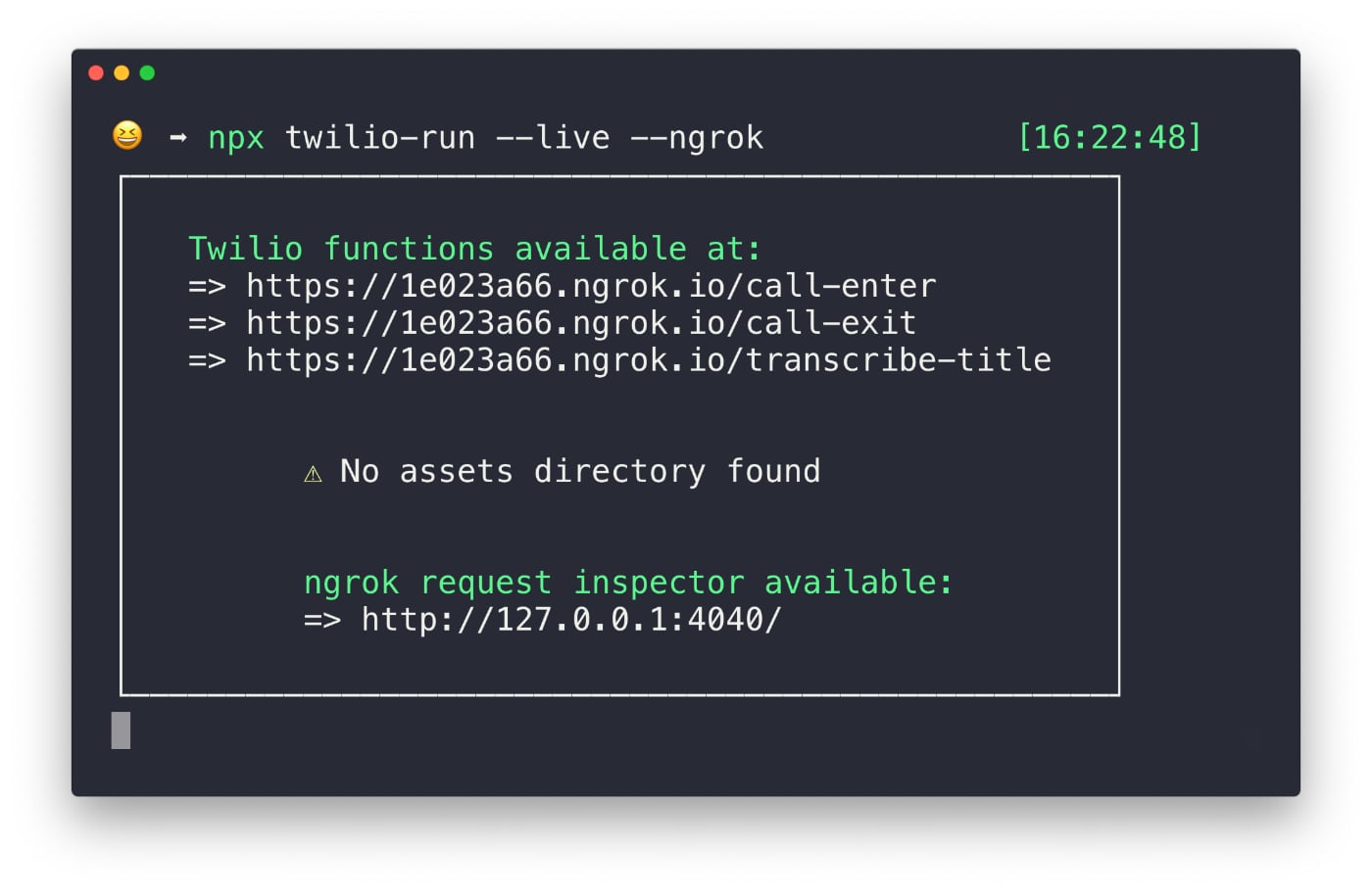 Terminal showing the live endpoints of Twilio run