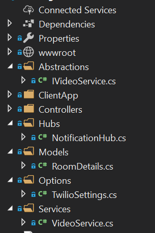Estructura del servidor en detalle del navegador de soluciones de Visual Studio
