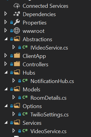 Estructura del servidor en detalle del navegador de soluciones de Visual Studio