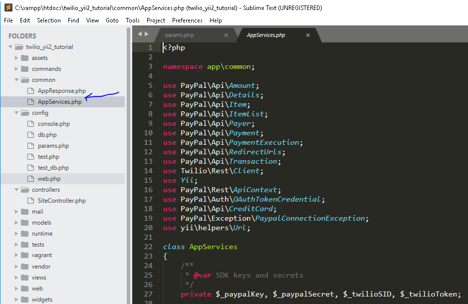 screenshot of sublime ide with yii2 app