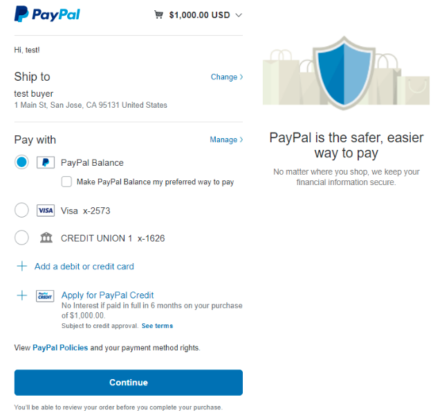 PayPal sandbox checkout