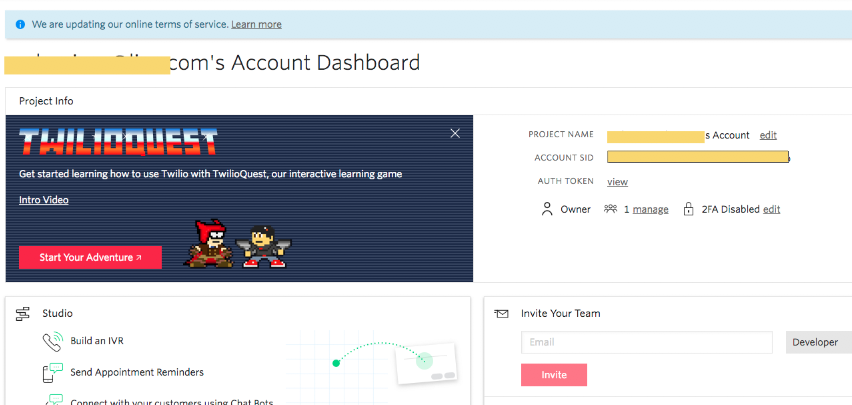 screenshot of Twilio account dashboard