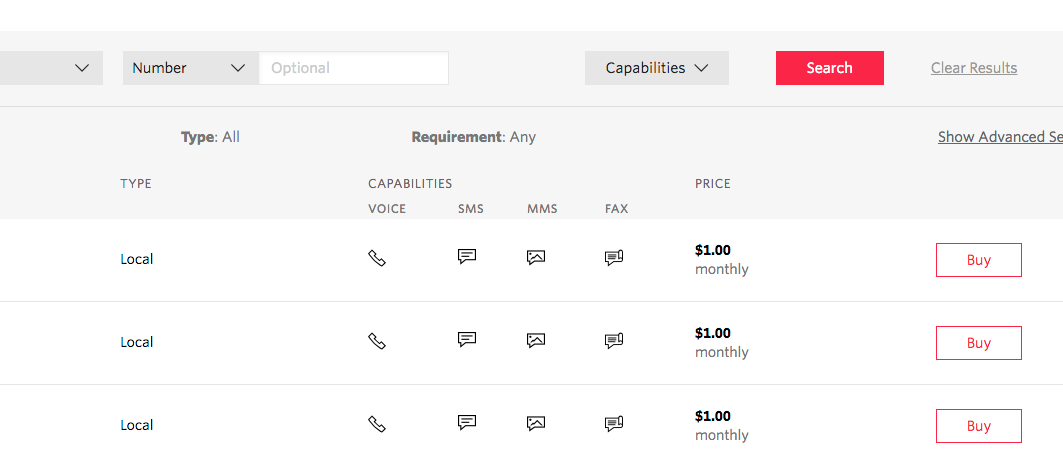 Twilio number dashboard