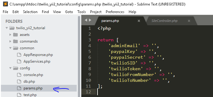Sublime yii2 app parameters