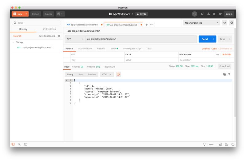 Visualização em Postman da solicitação GET para um único registro