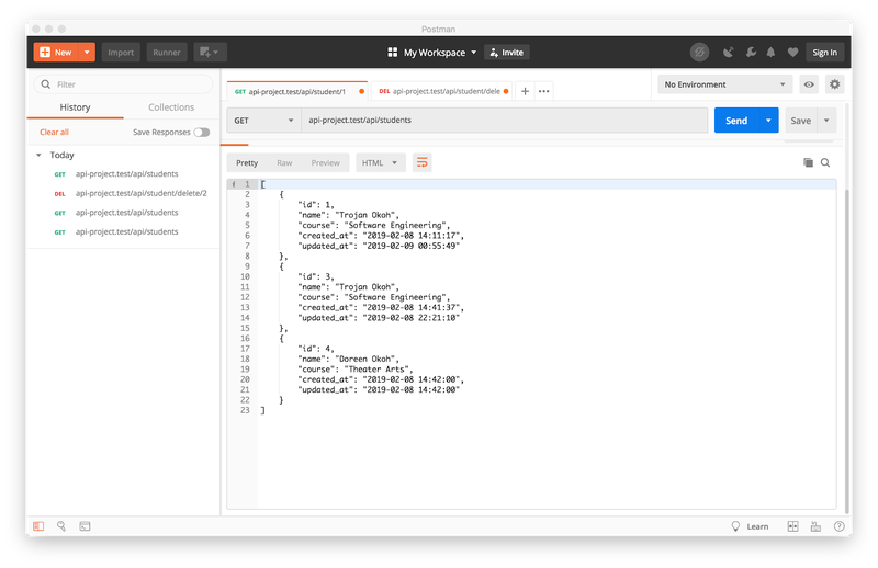 Visualização em Postman de solicitação GET para registros atualizados