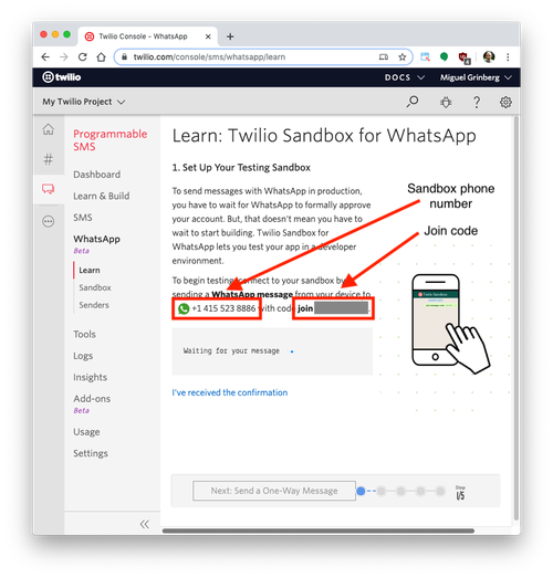 Captura de tela da configuração da sandbox do WhatsApp