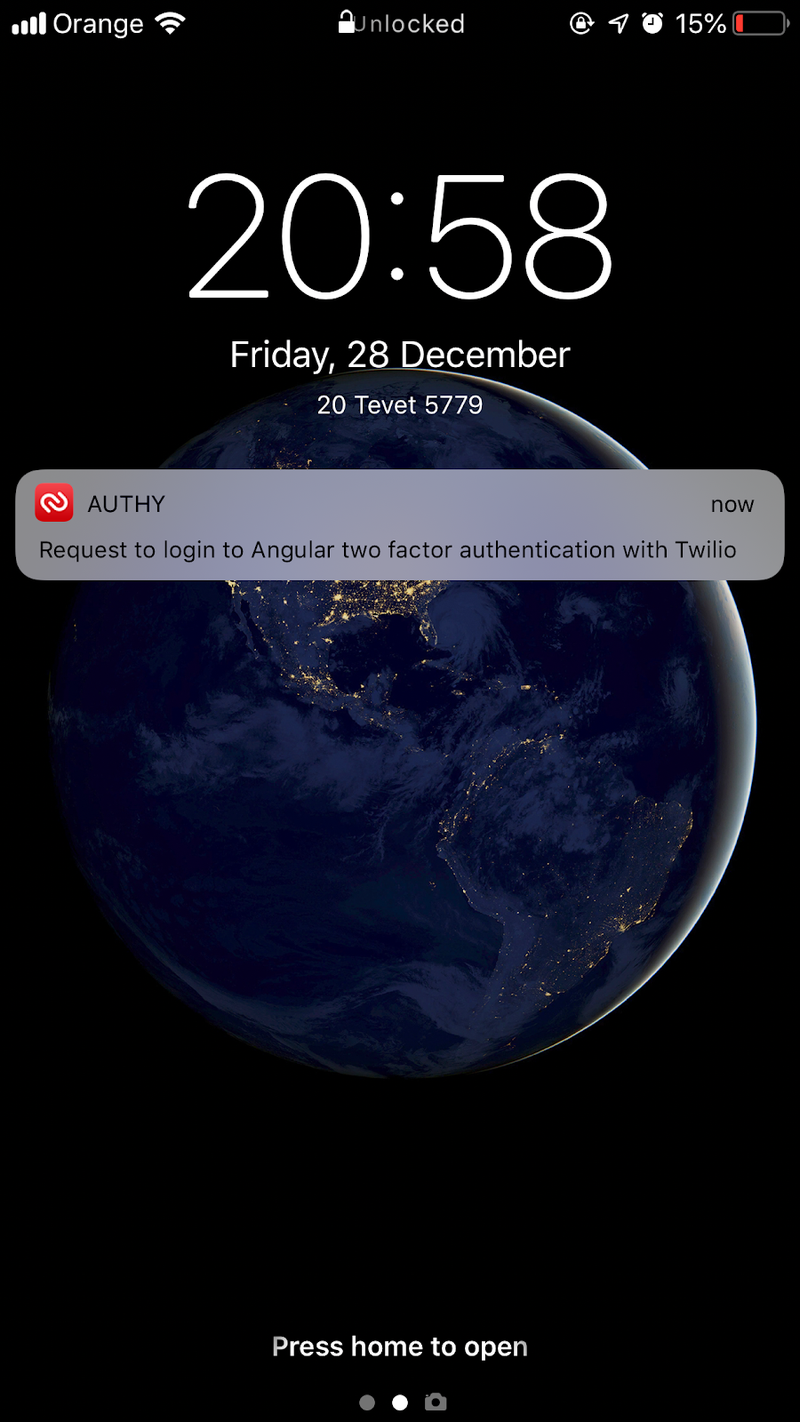 Notificação push do Authy na tela inicial do telefone