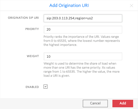 Add an Origination URI on Twilio SIP example