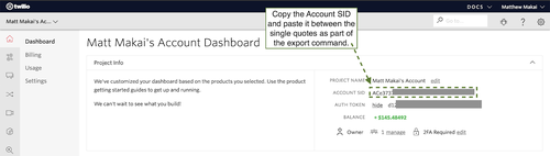 Account SID and Auth Token in Twilio Console