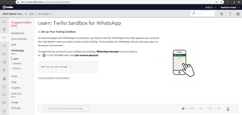 Consola del SandBox de WhatsApp