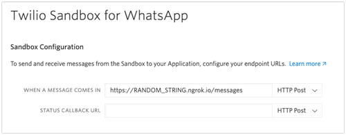 Wir geben unsere ngrok-URL in das Feld „When a message comes in“ in der Twilio-Sandbox für WhatsApp ein
