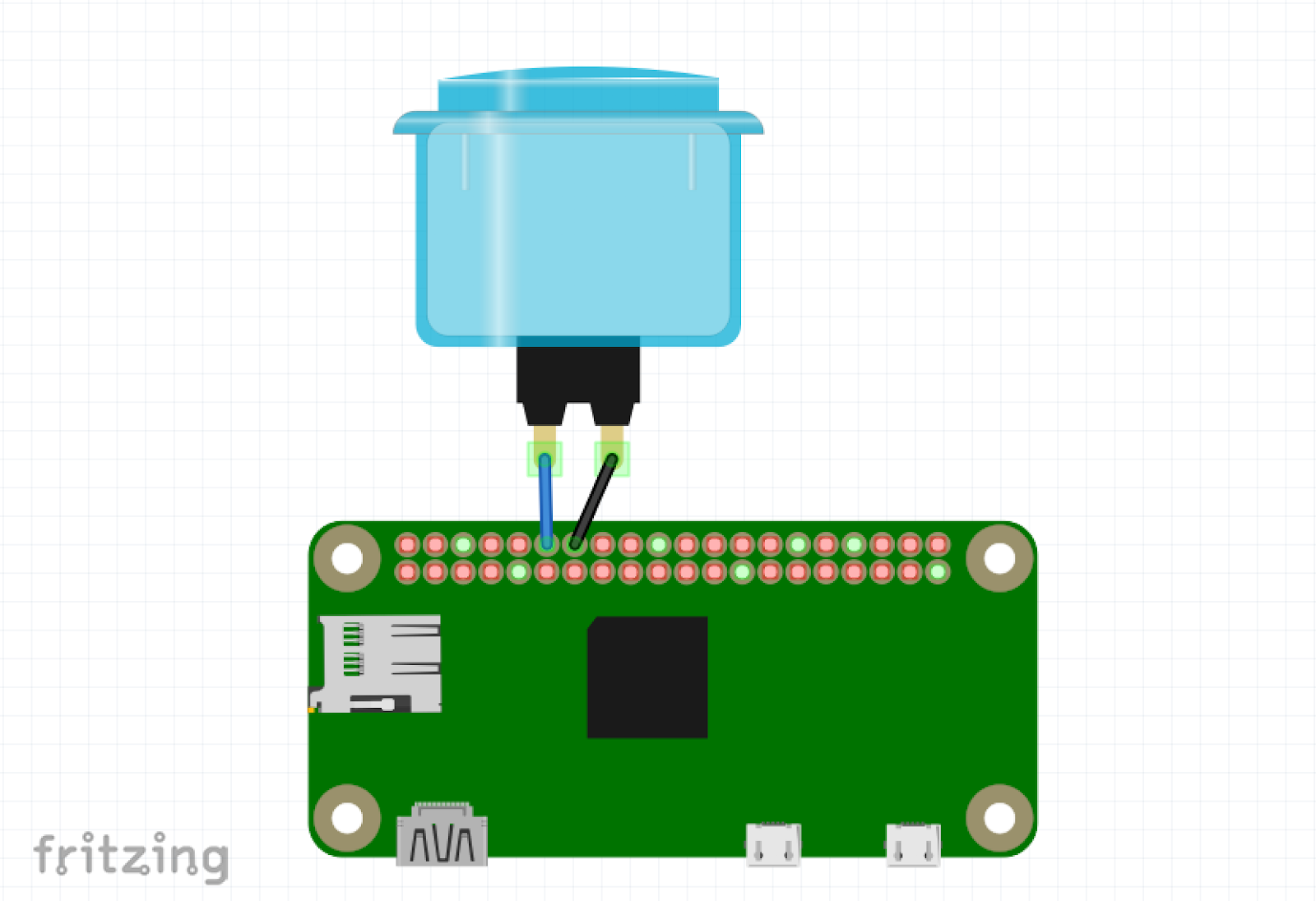 a fritzing diagram of a Raspberry Pi and a button plugged in to BCM pin 18 and GND.