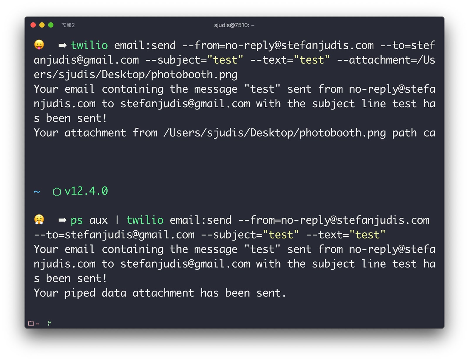 Example command to pipe data in `twilio email:send`