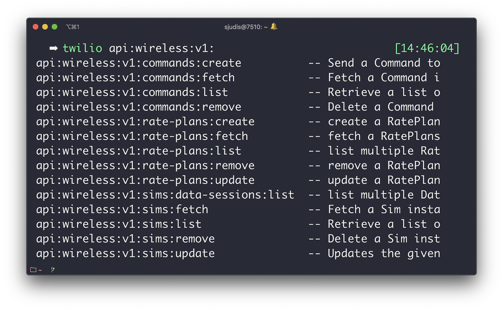 Completion for `twilio api:wireless:v1:` after pressing <TAB>