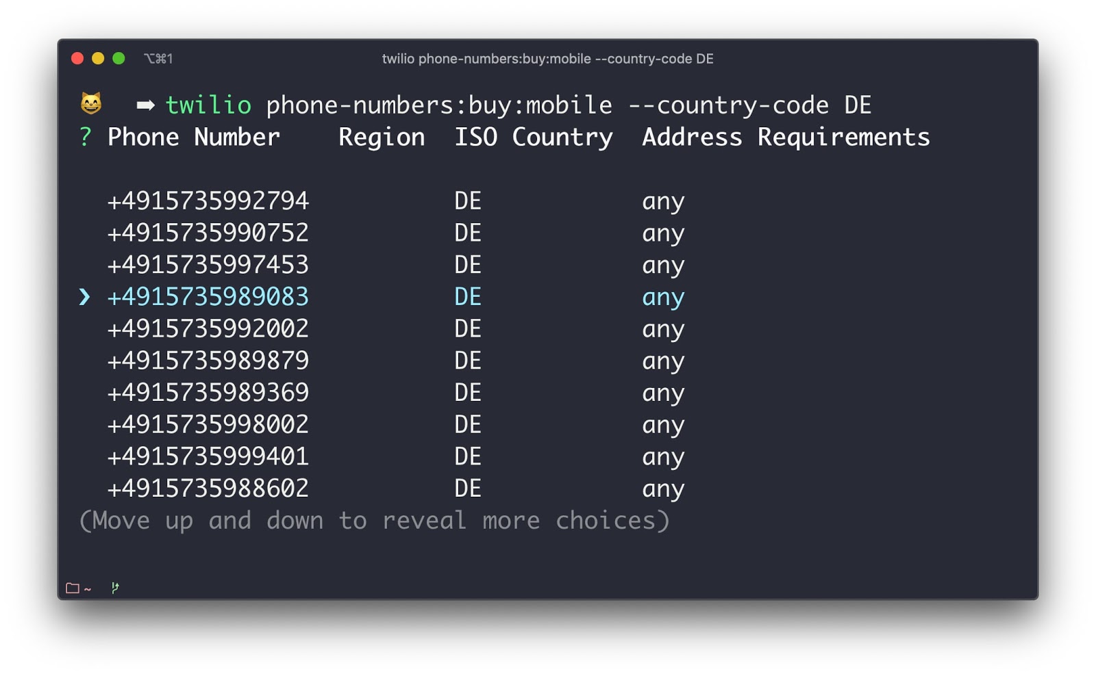 Command: `twilio phone-numbers:buy:mobile --country-code DE` showing available phone numbers