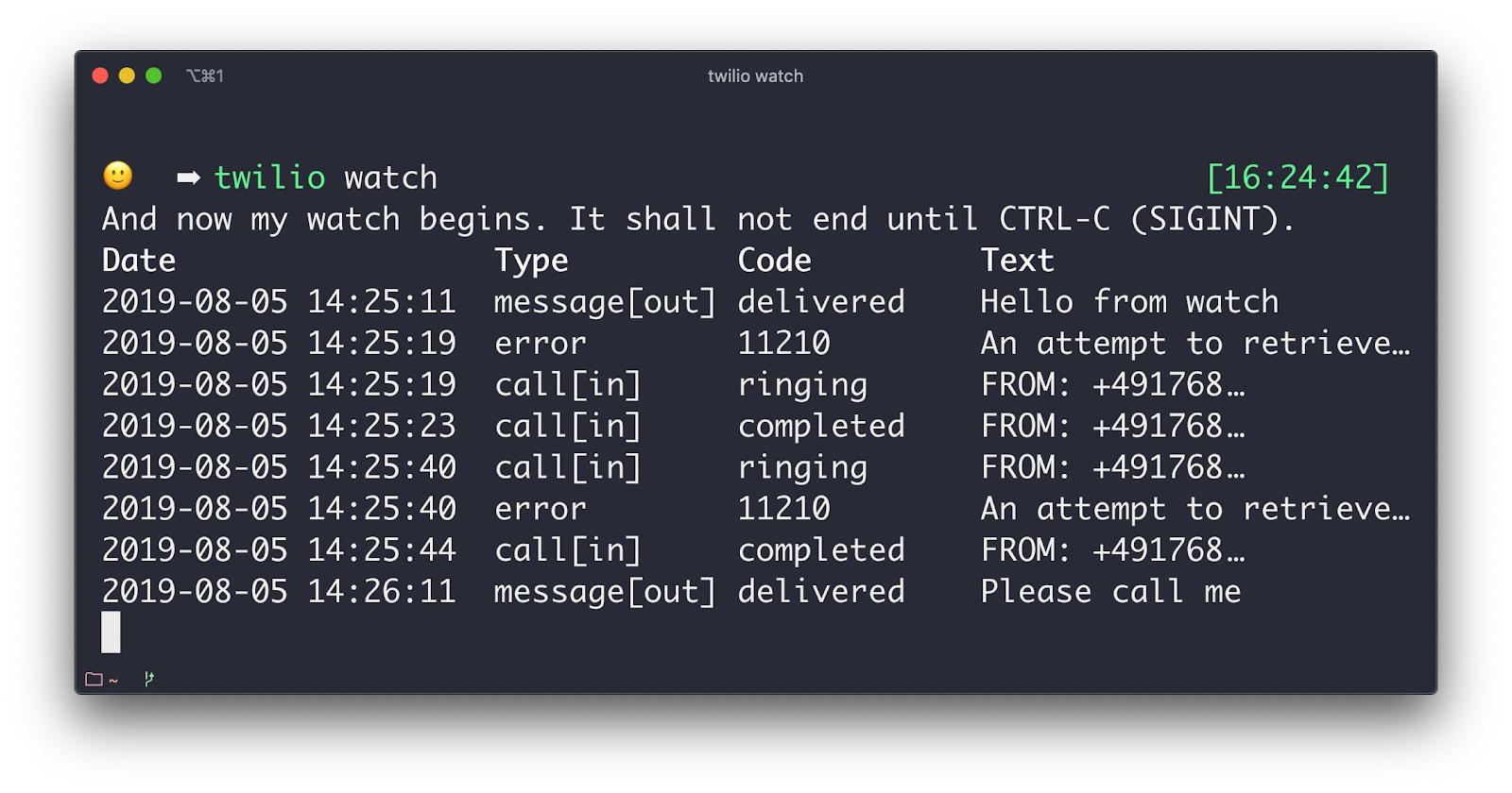 Result of running `twilio watch` showing all Twilio activity in the terminal