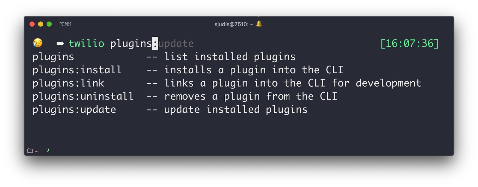 Completion of `twilio plugins + <TAB>` showing install, uninstall and update functionality