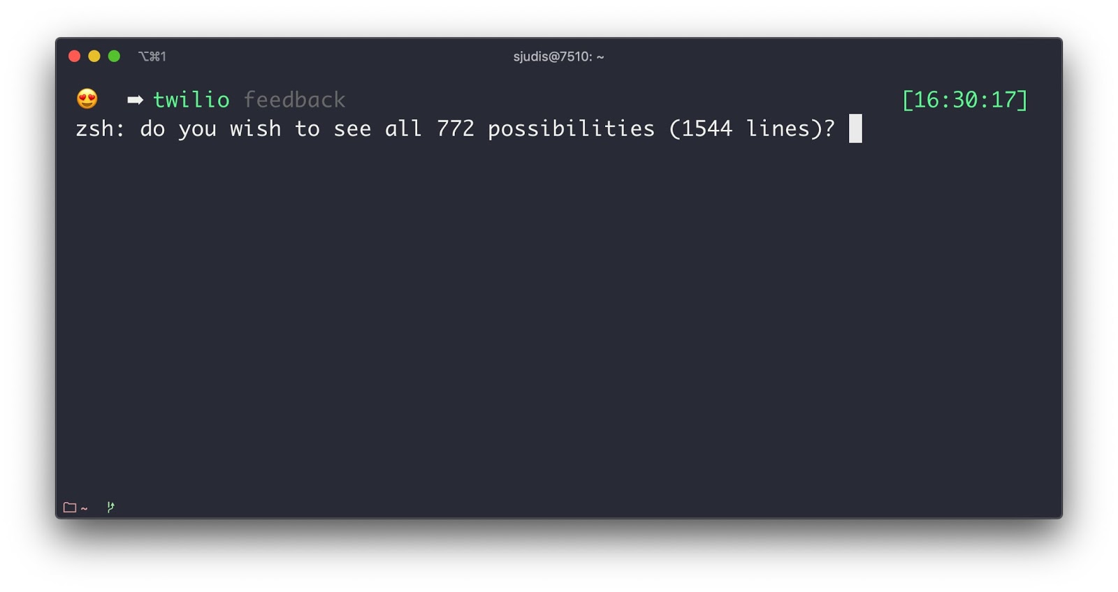 Result of command: `twilio + [TAB]` showing 772 auto-complete options