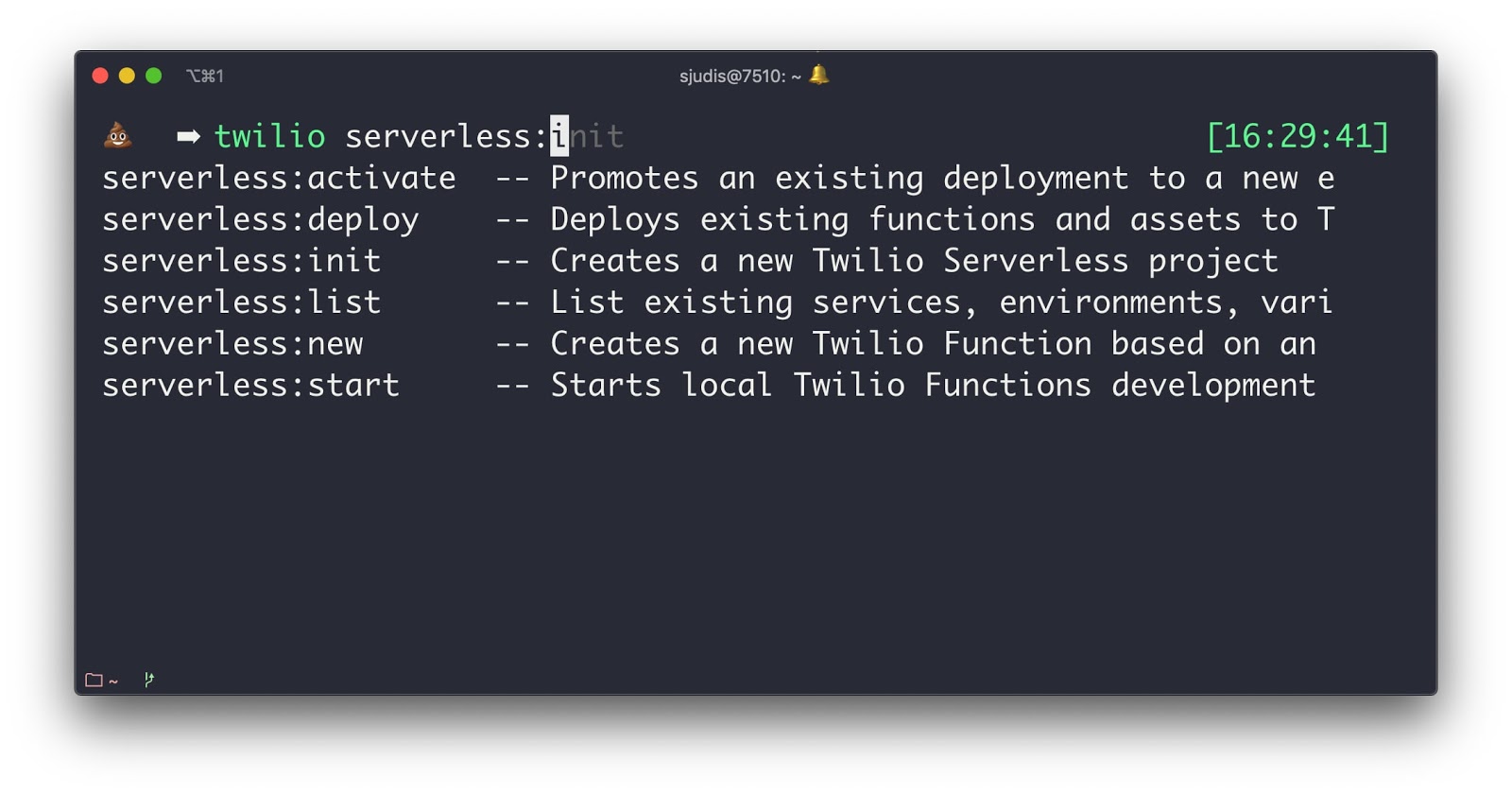 `twilio serverless` commands shown with completion: activate, deploy, init, list, new and start