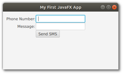 A GUI app with text fields for "Phone Number" and "Message", and a "Send SMS" button
