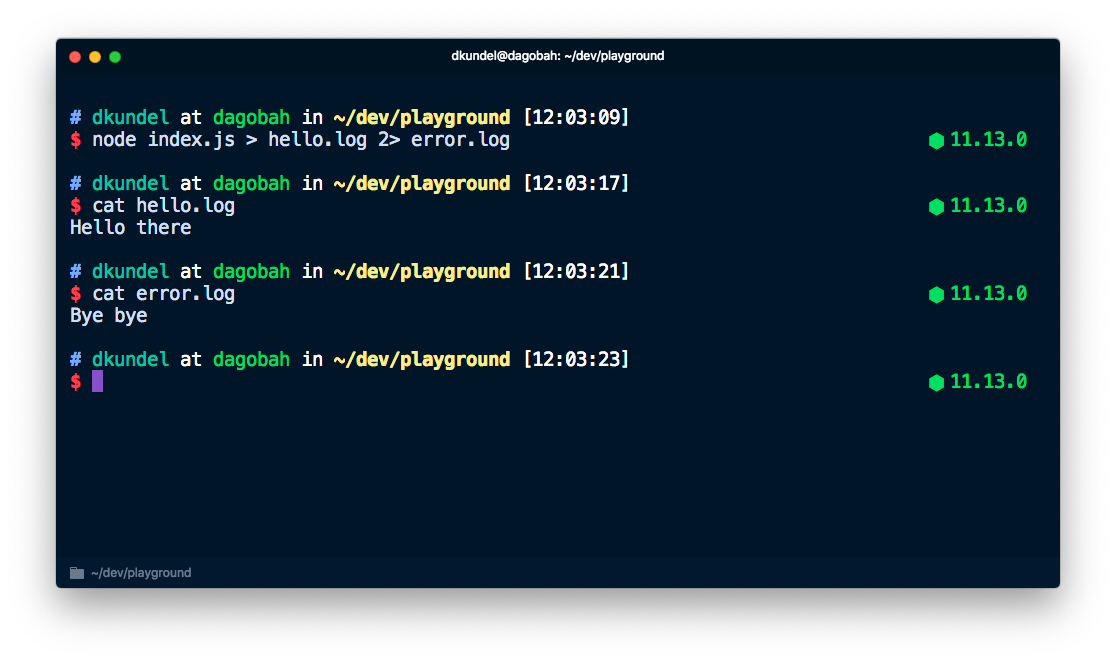 Screenshot of terminal showing how error output is in different file