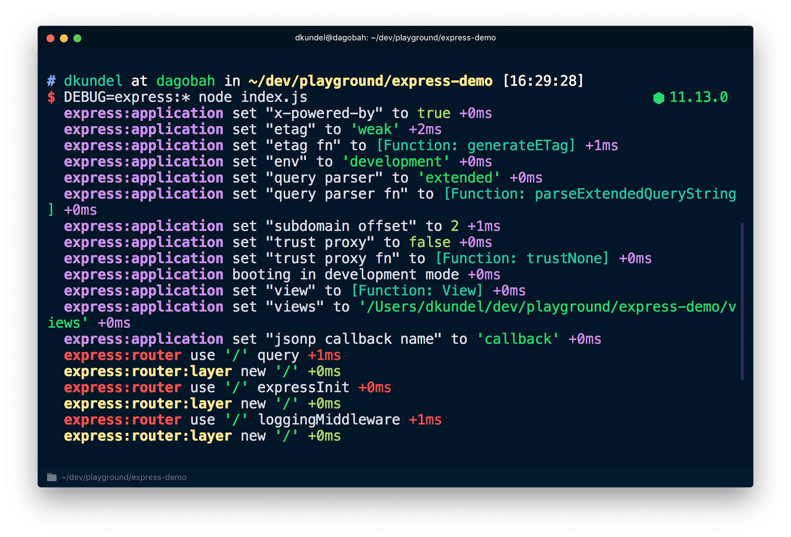 Screenshot of express debug logs
