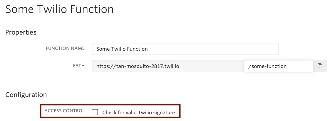 Screenshot of Twilio Functions interface highlighting the Access Control section