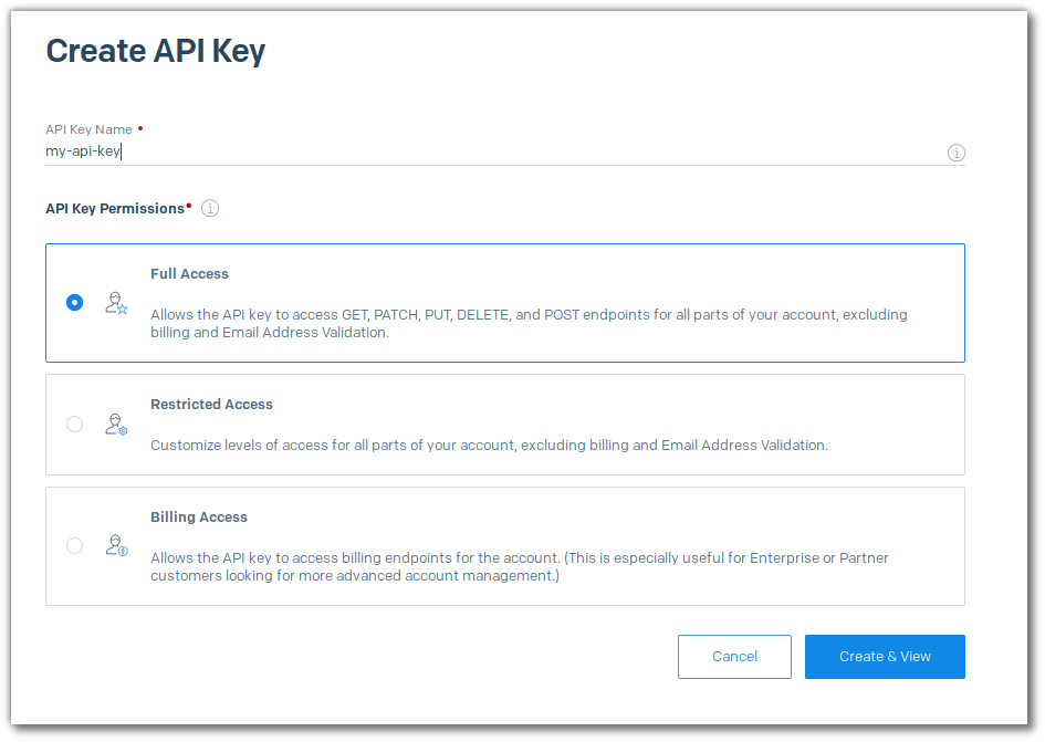 A screenshot of the "Create API Key" dialog on the SendGrid  console, showing 3 options, of which I have selected "Full Access" and called my key "my-api-key"