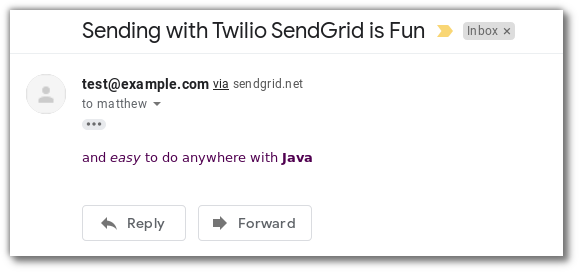 Screenshot of an email inbox with a message "sent via sendgrid.net" reading "Sending with Twilio SendGrid is Fun and easy to do anywhere with Java"