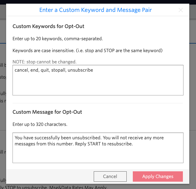 Opt-Out Keywords Configuration
