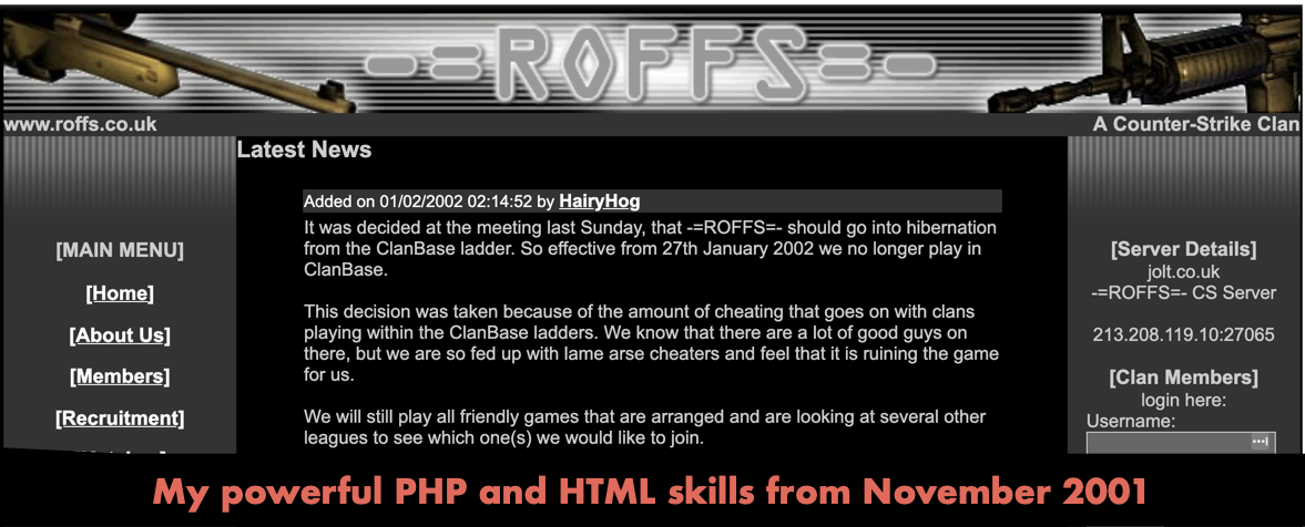 A very 1990s looking website screenshot with the caption "My powerful PHP and HTML skills from November 2001"