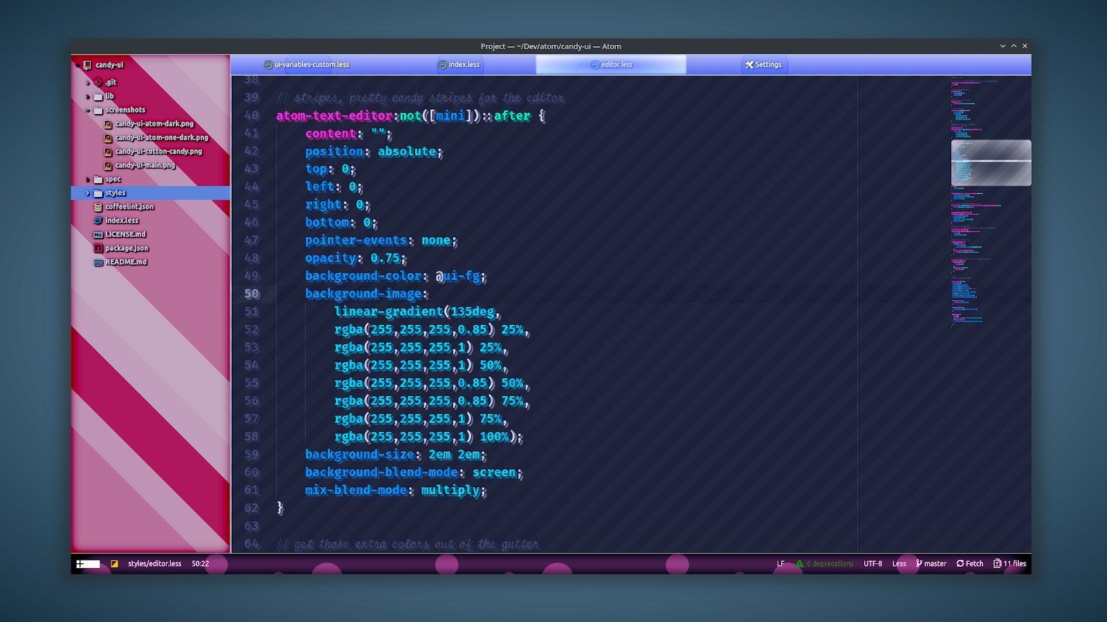 a screenshot of the "candy UI" theme for the Atom text editor.  The tree view has diagonal stripes in different shades of pink. The editor has diagonal stripes in dark blue. Editor text is magenta, blue, and cyan, and has a gray drop shadow.