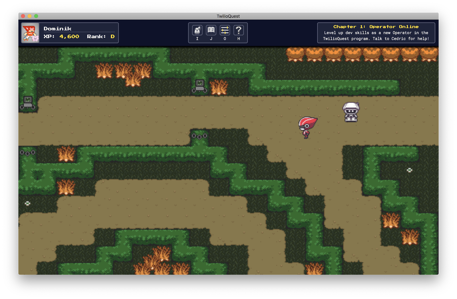 Screenshot of TwilioQuest mission with a maze the character walking through a maze