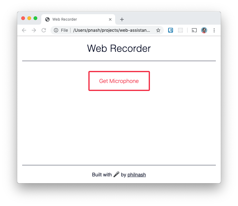 The starter project for the web recorder. It has a heading, a button and a footer and it doesn&#39;t do anything yet.
