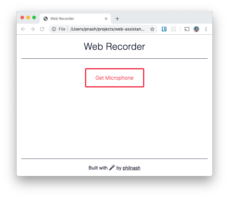 The starter project for the web recorder. It has a heading, a button and a footer and it doesn't do anything yet.