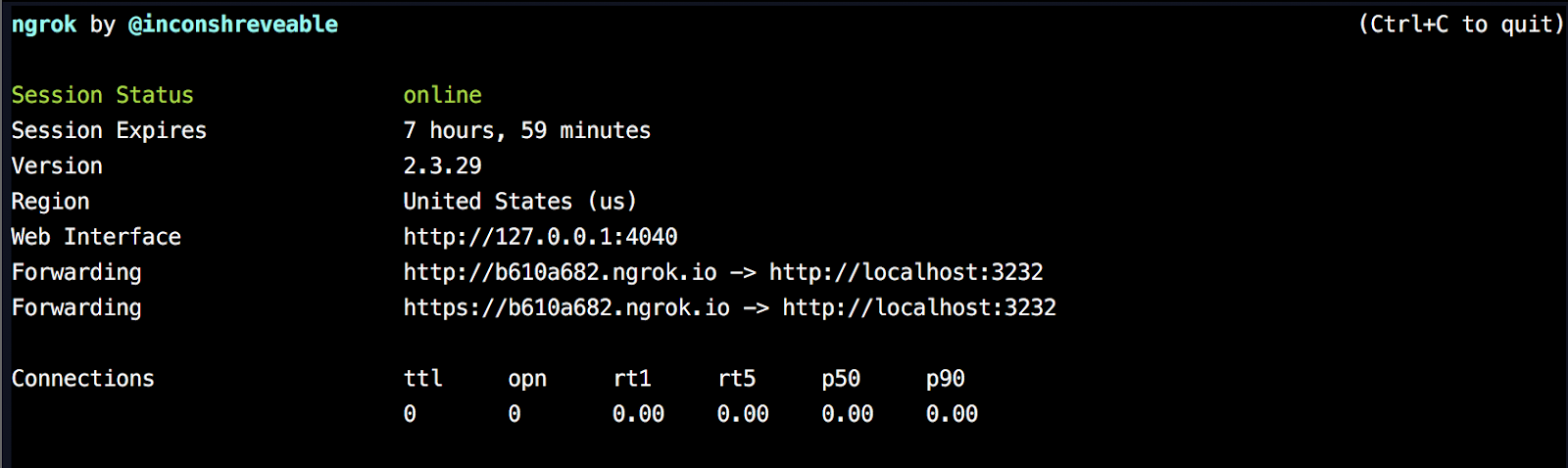 ngrok command line interface status information showing port forwarding URLs