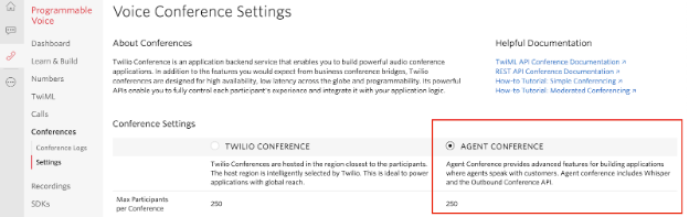 Voice Conference settings page