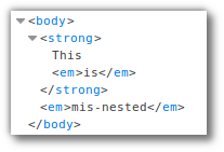 Screenshot der Firefox Entwickler-Tools, der zeigt, wie das falsch eingebettete HTML im DOM dargestellt wird.