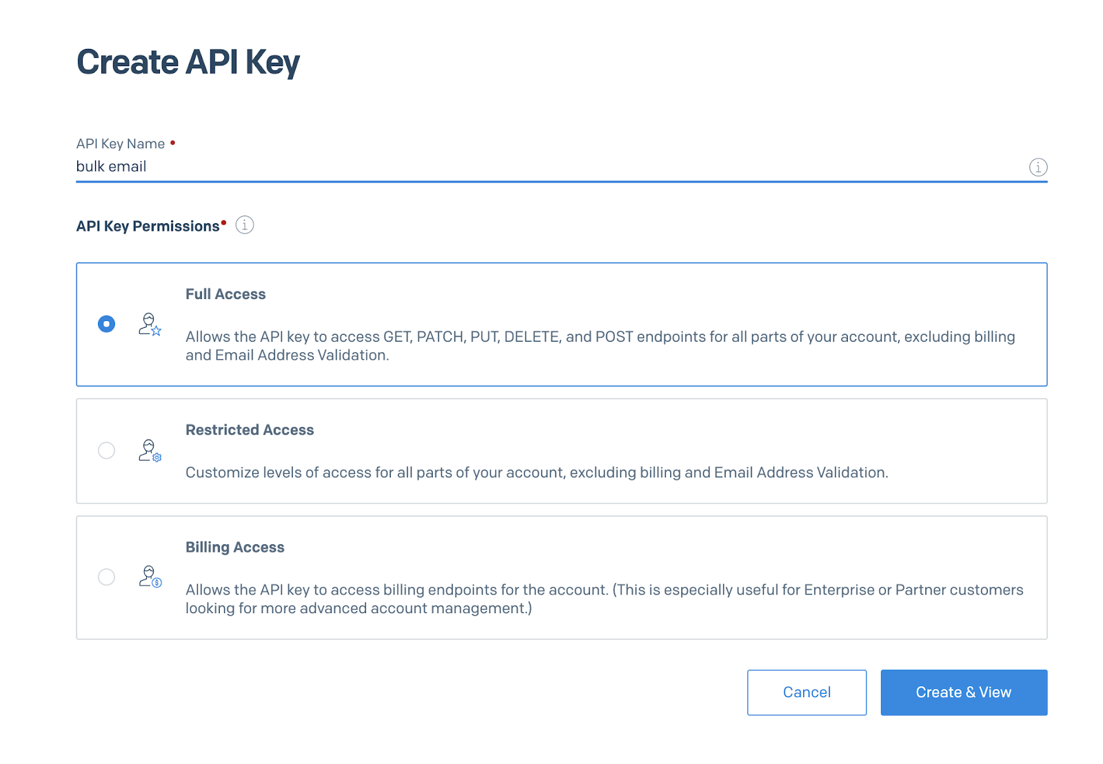 Screenshot of the UI for creating a SendGrid API key. The key is named "bulk email" and the permissions selected are "Full Access."