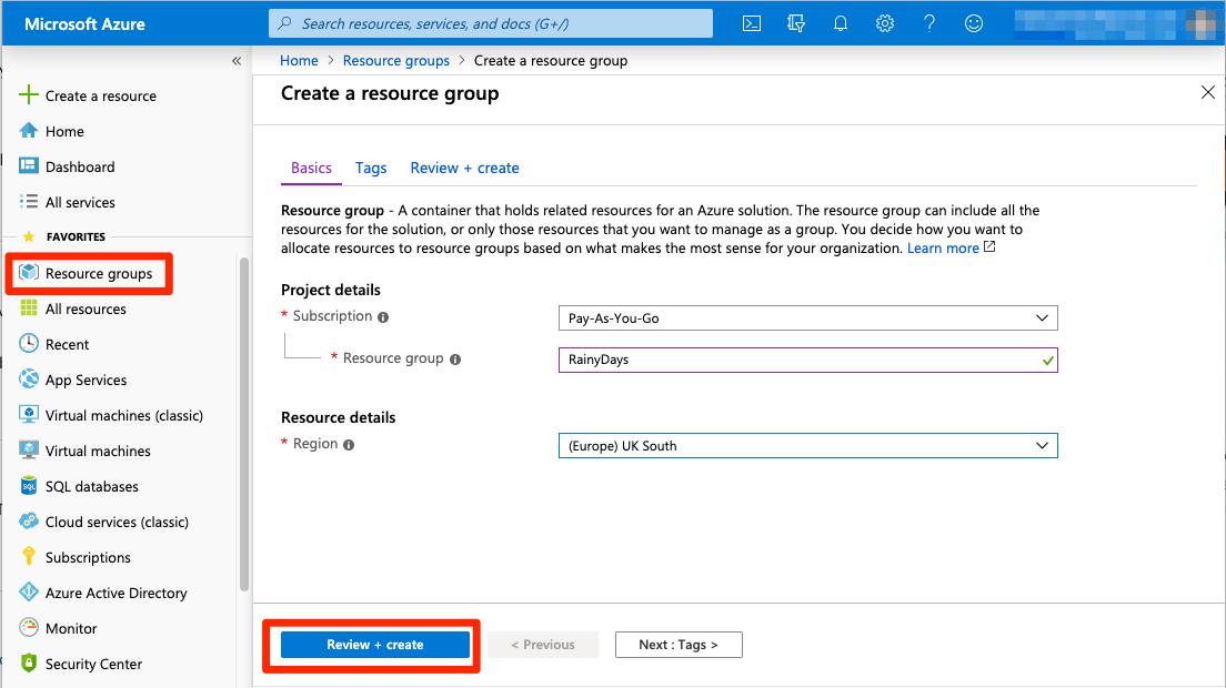 azure portal create a resource group page image