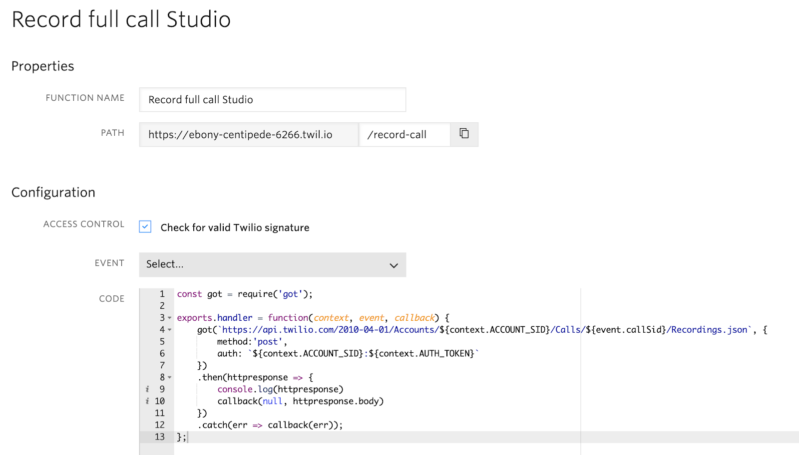 Twilio Function showing how to record a call.