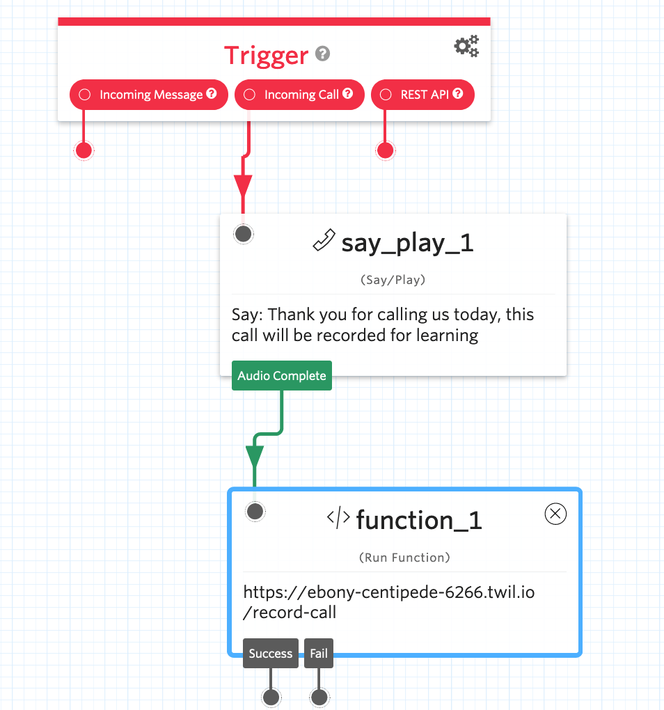 Twilio Say/Play widget and Function trigger.