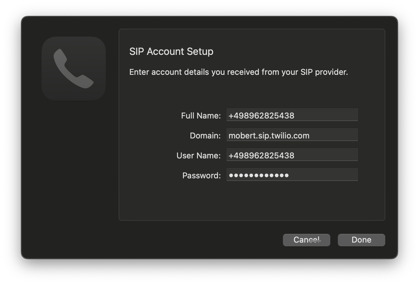 Twilio SIP with Telephone configuration example