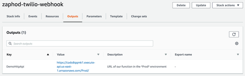 Screenshot of the Outputs tab of the AWS Stack control panel