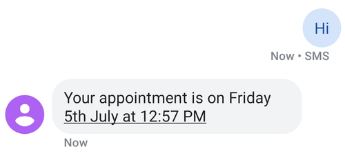 Screenshot of an SMS being sent to a Twilio number with appointment details sent as the response
